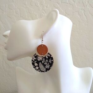 New! Floral Black and White Wooden Dangle Earrings